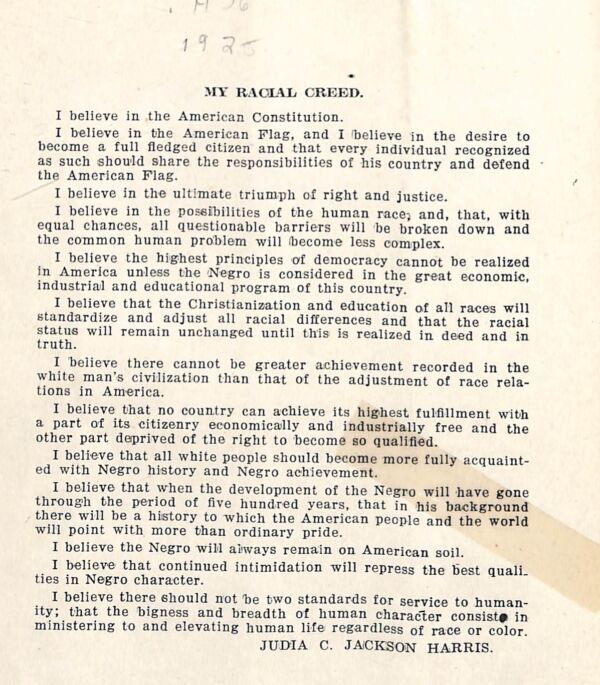 Judia Jackson Harris (1870-1960), a Black educator and social reformer, published her “racial creed” alongside testimonials from prominent white Athenians in Race Relations (1925).